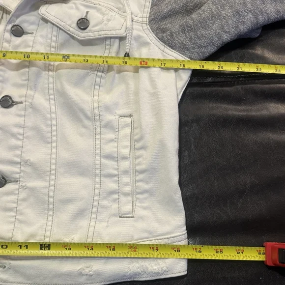 Free People Knit Sleeve Distressed Denim Jacket Size:M Removable Hood Women - Picture 6 of 13